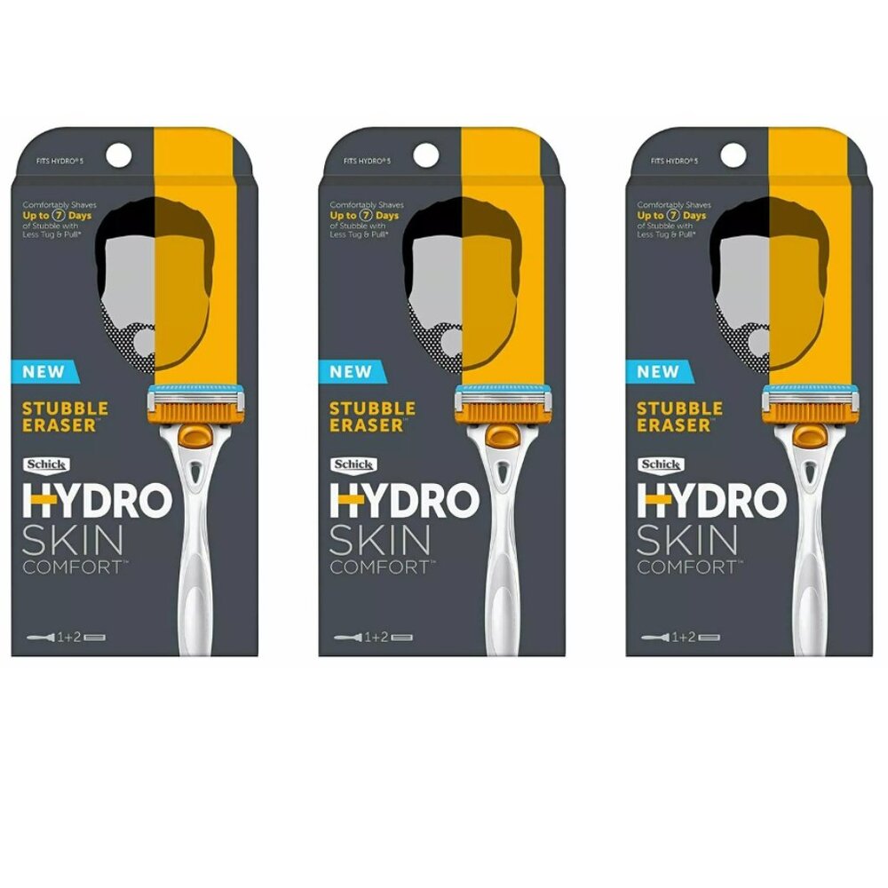 (3) NEW SCHICK HYDRO SKIN COMFORT STUBBLE ERASER RAZORS, 1 Handle & 2 Cartridges